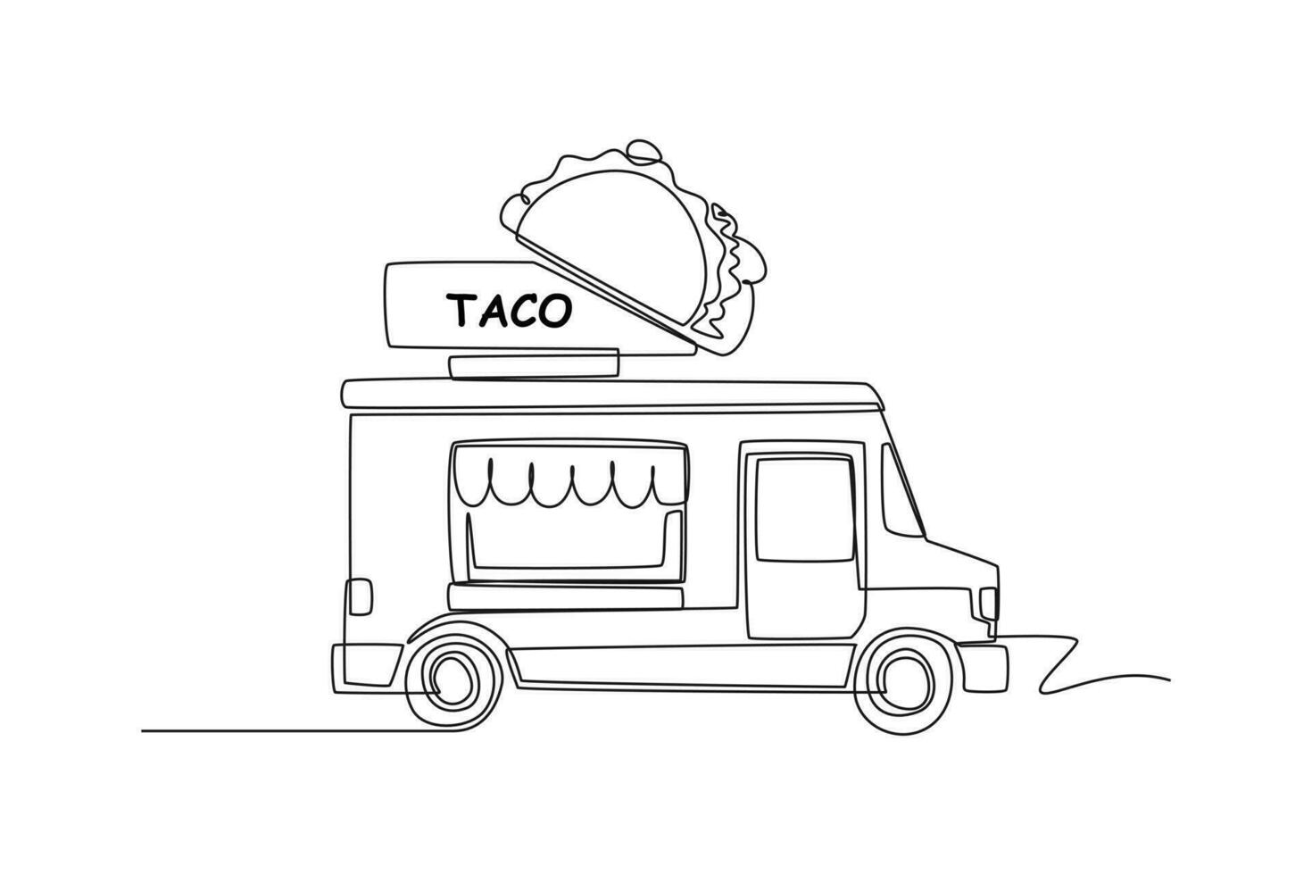 soltero uno línea dibujo comida camiones restaurante en ruedas furgonetas para calle comida venta. coche concepto. continuo línea dibujar diseño gráfico vector ilustración.