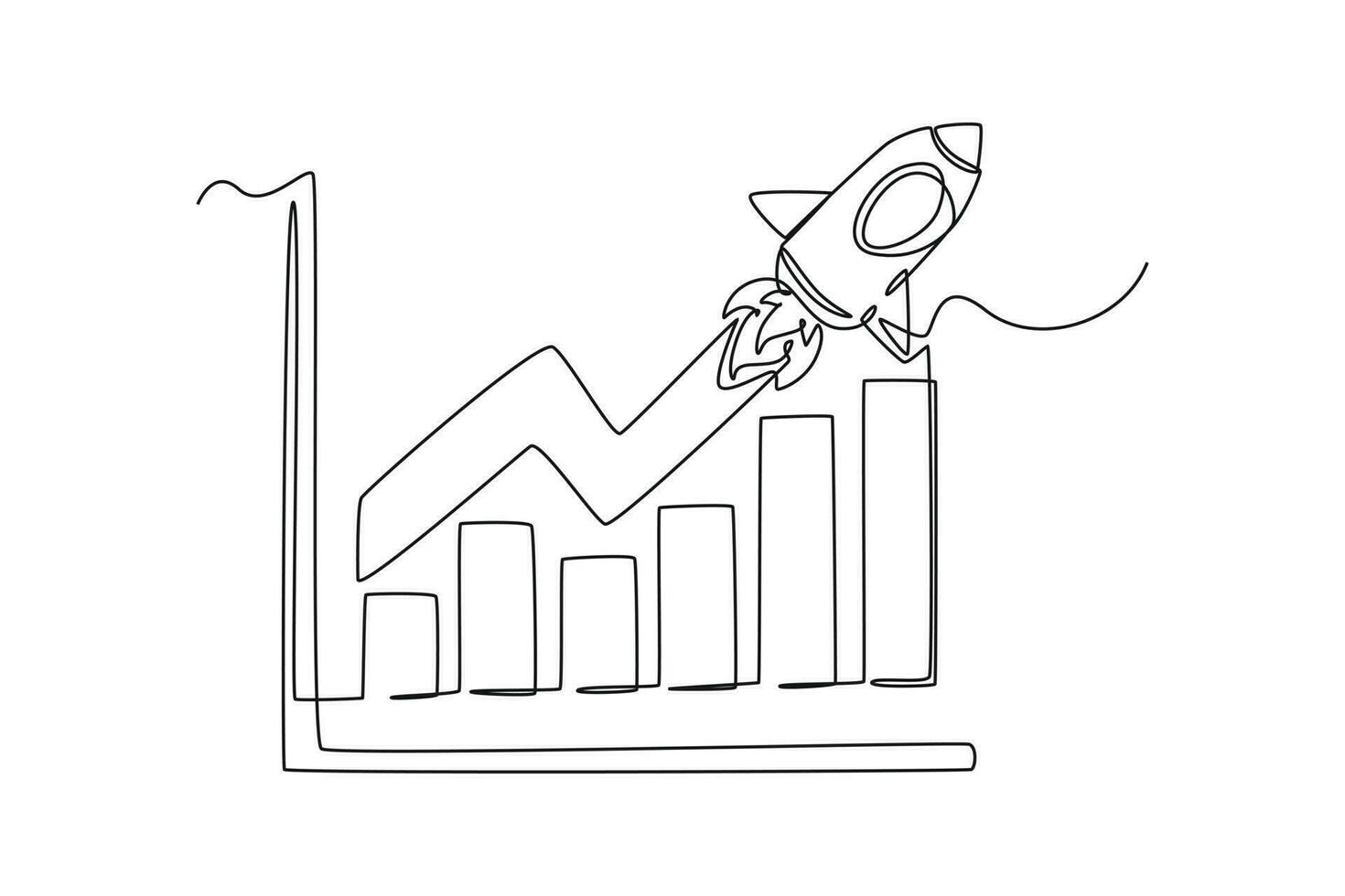 Single one line drawing growth vector diagram with rocket going up . Success business concept. Continuous line draw design graphic vector illustration.