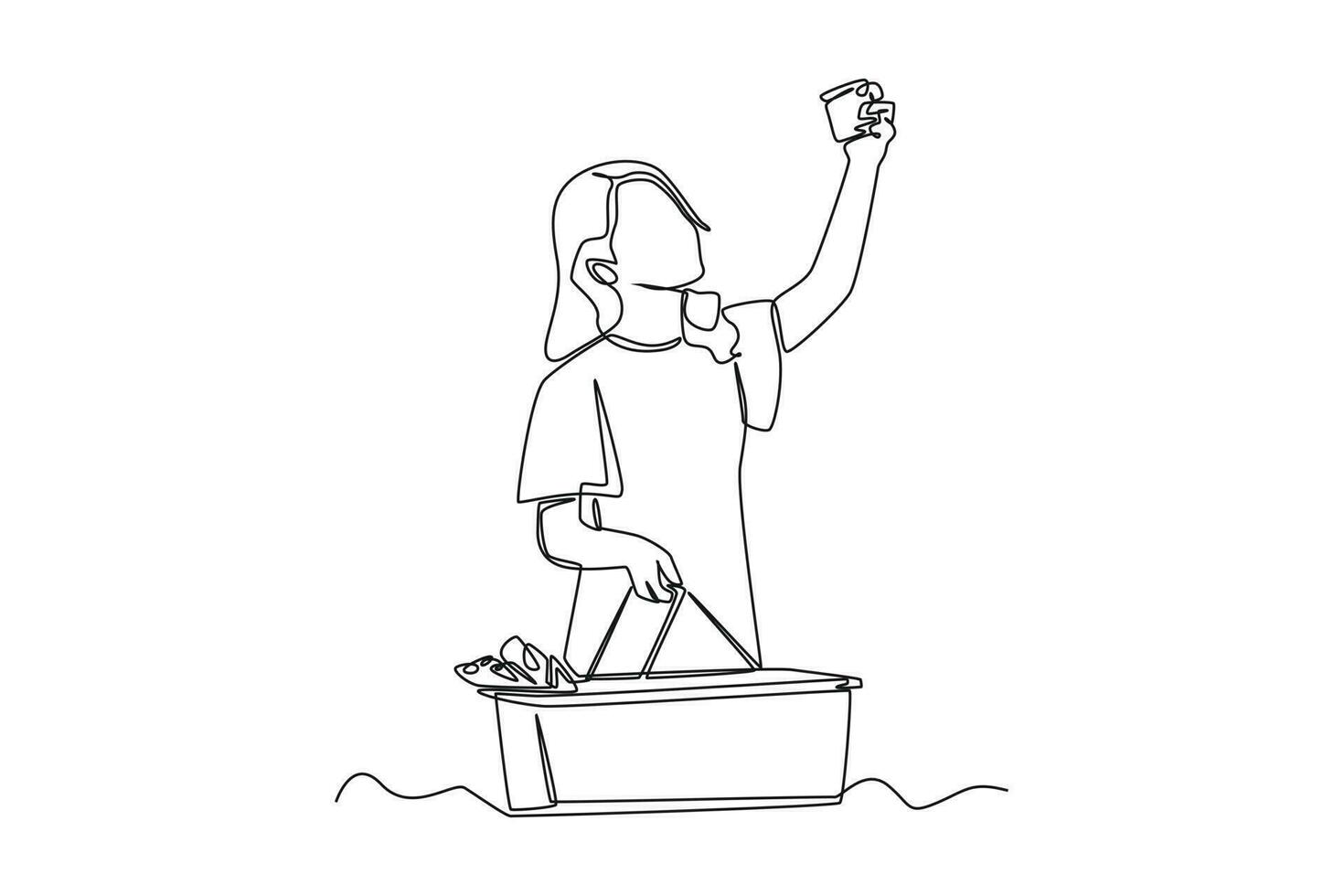 Continuous one line drawing happy girl picking up items in the supermarket while carrying a shopping basket. Business activity concept in market. Single line draw design vector graphic illustration.