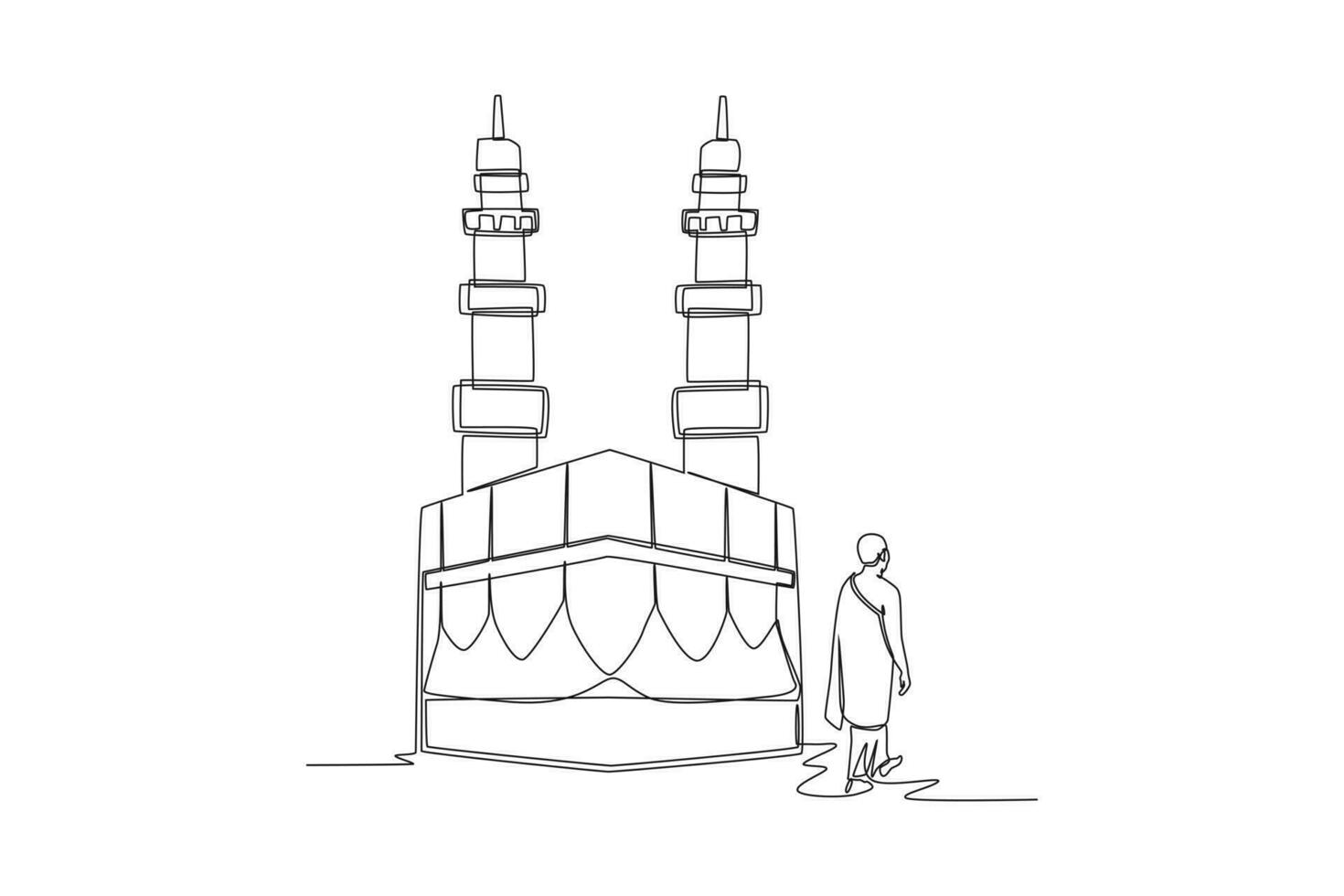Continuous one line drawing a Muslim with his Ihram dress surround in front of Kaaba. Hajj and umrah concept. Single line draw design vector graphic illustration.