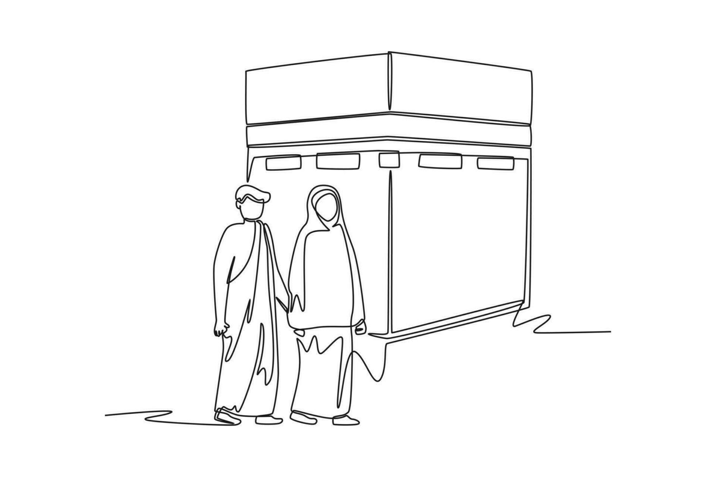 Continuous one line drawing muslim couples wife and husband wearing white traditional clothes for Ihram ready for Hajj. Hajj and umrah concept. Single line draw design vector graphic illustration.