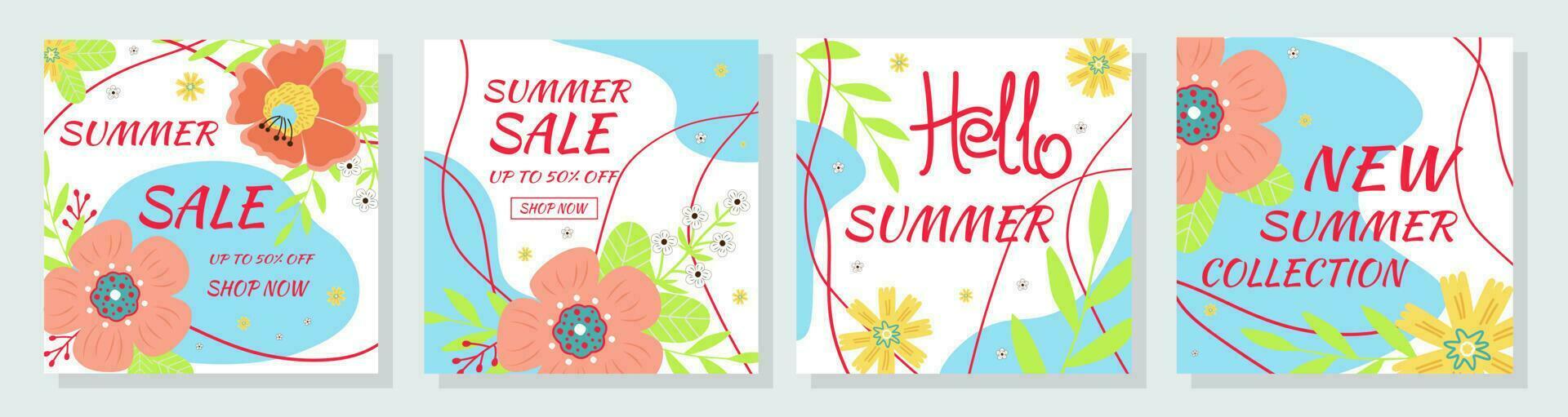 Set summer sale banners. Summer flowers and abstract shape. vector