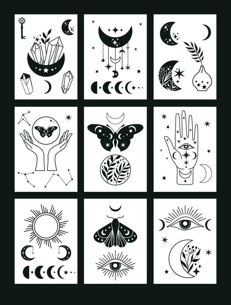 Banner set Mystical moon phases set icons and woman hands and moth, alchemy esoteric magic space, vector isolated black on white background