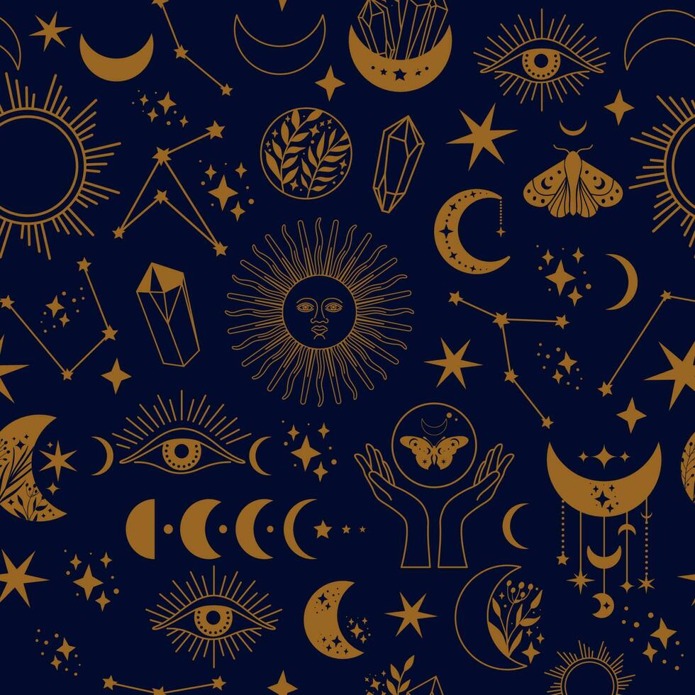 Seamless space pattern on a blue background. Boho illustration with moon, sun, dragonflies, stars, wallpapers for astrology, tarot, esotericism. Vector abstract hand drawn illustration.
