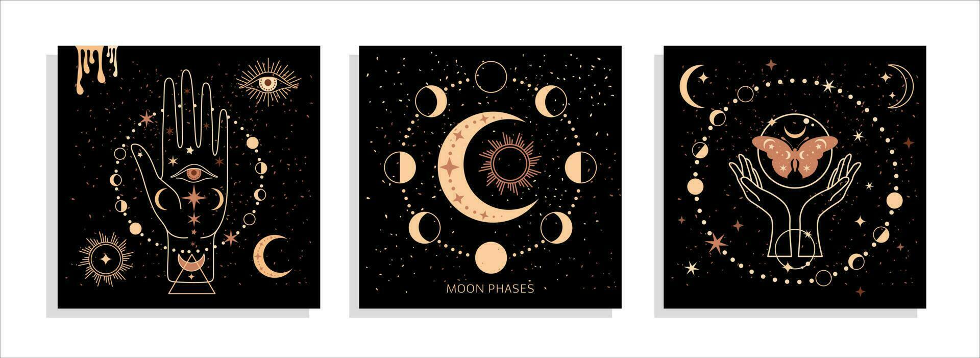 Banner set Mystical moon phases and woman hands and moth, alchemy esoteric magic space, sacred wheel of the year, vector isolated on black background