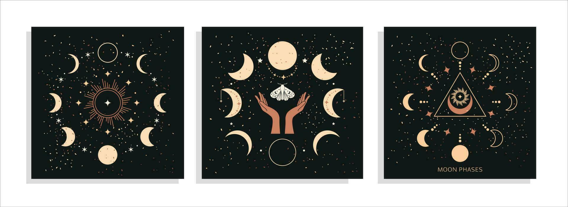 Banner set Mystical moon phases and woman hands and moth, alchemy esoteric magic space, sacred wheel of the year, vector isolated on black background