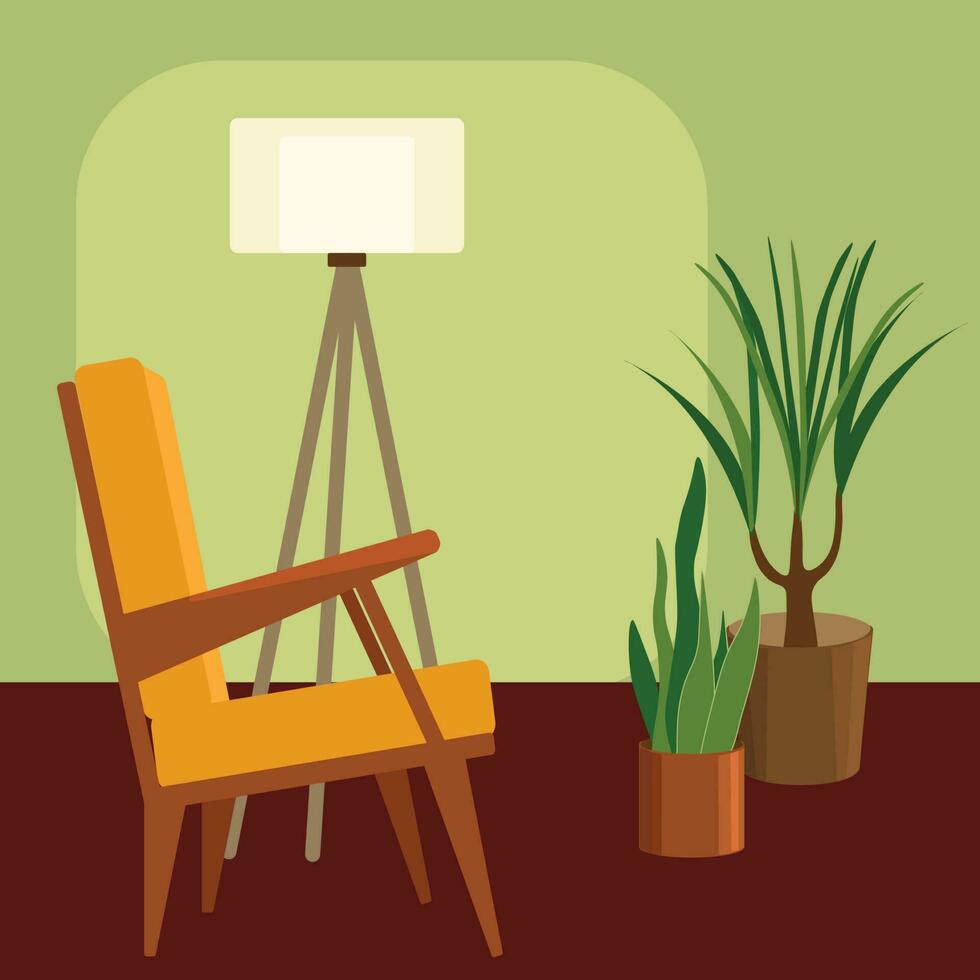 cuadrado vector ilustración de un medio siglo estilo sillón, un piso lámpara y en conserva plantas