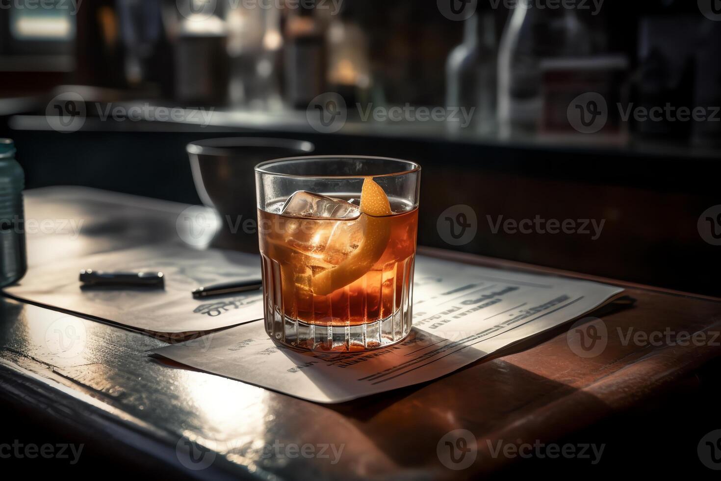 Oldfashioned drink at bar photo. photo