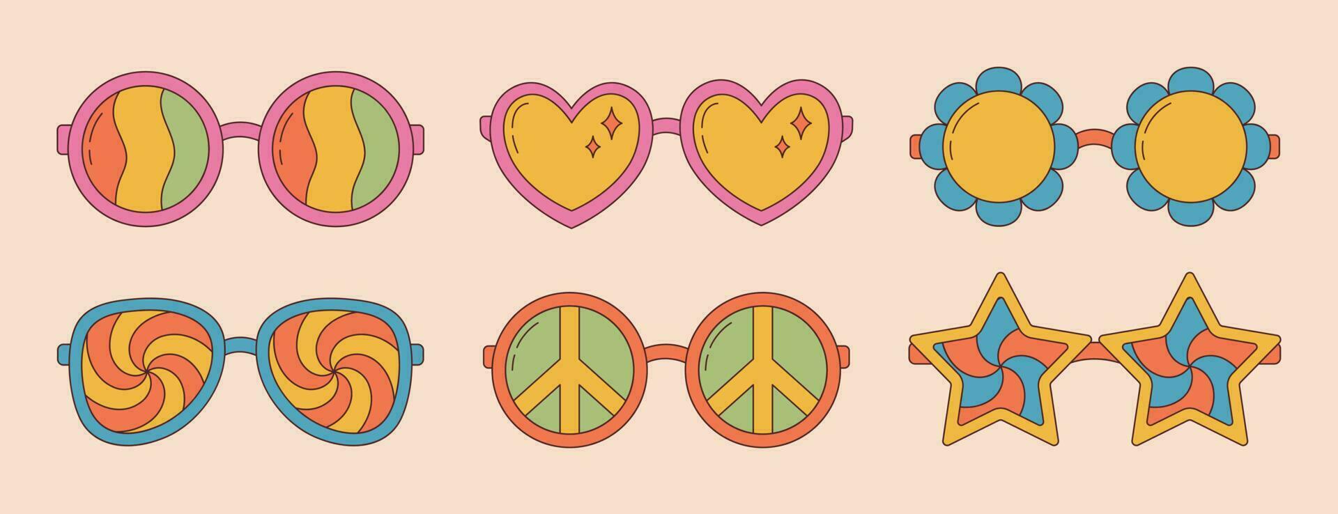 Collection of groovy hippie sunglasses in trendy retro 1970s style. Cartoon psychedelic elements. vector