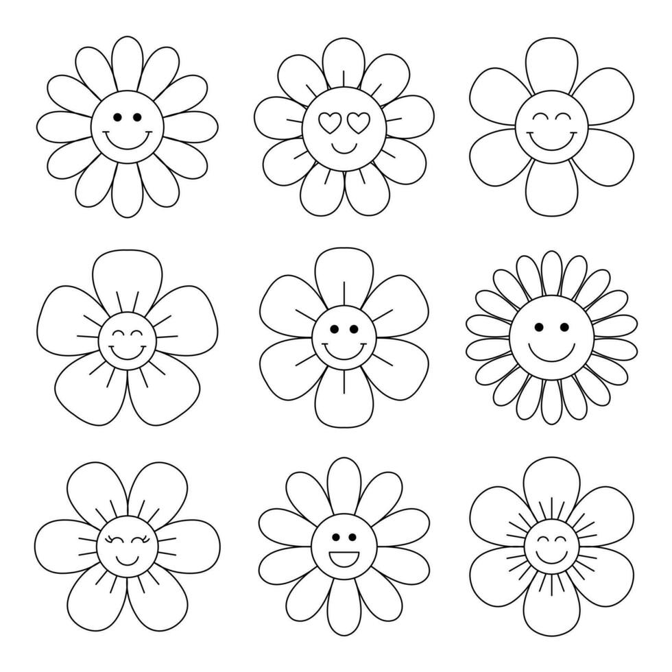 Cute funny groovy flowers collection in linear style. Funny head face outline with petals. vector