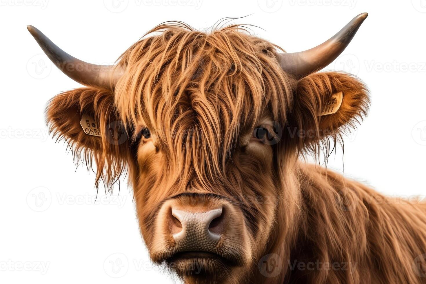 Adult scottish highland cow portrait isolated on a white background. photo