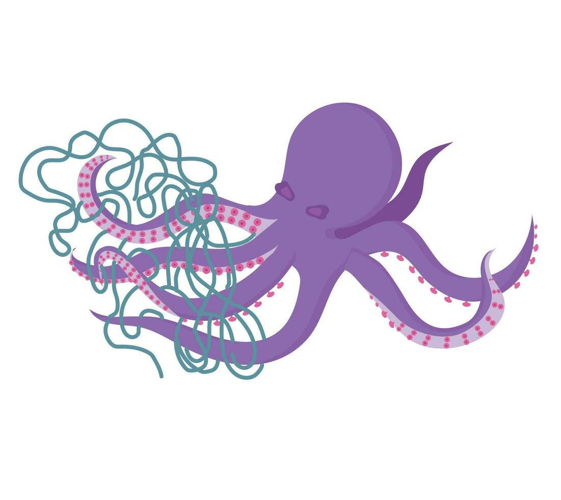 The octopus is tangled in the net. Vector illustration isolated on white background.