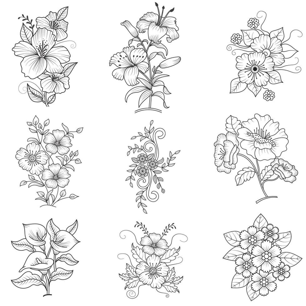 Vector illustration of decorative corner frame set. Set Hand Draw of Corners Different Shapes Flower Decoration Vector Design Doodle Sketch Style For Wedding And Banner