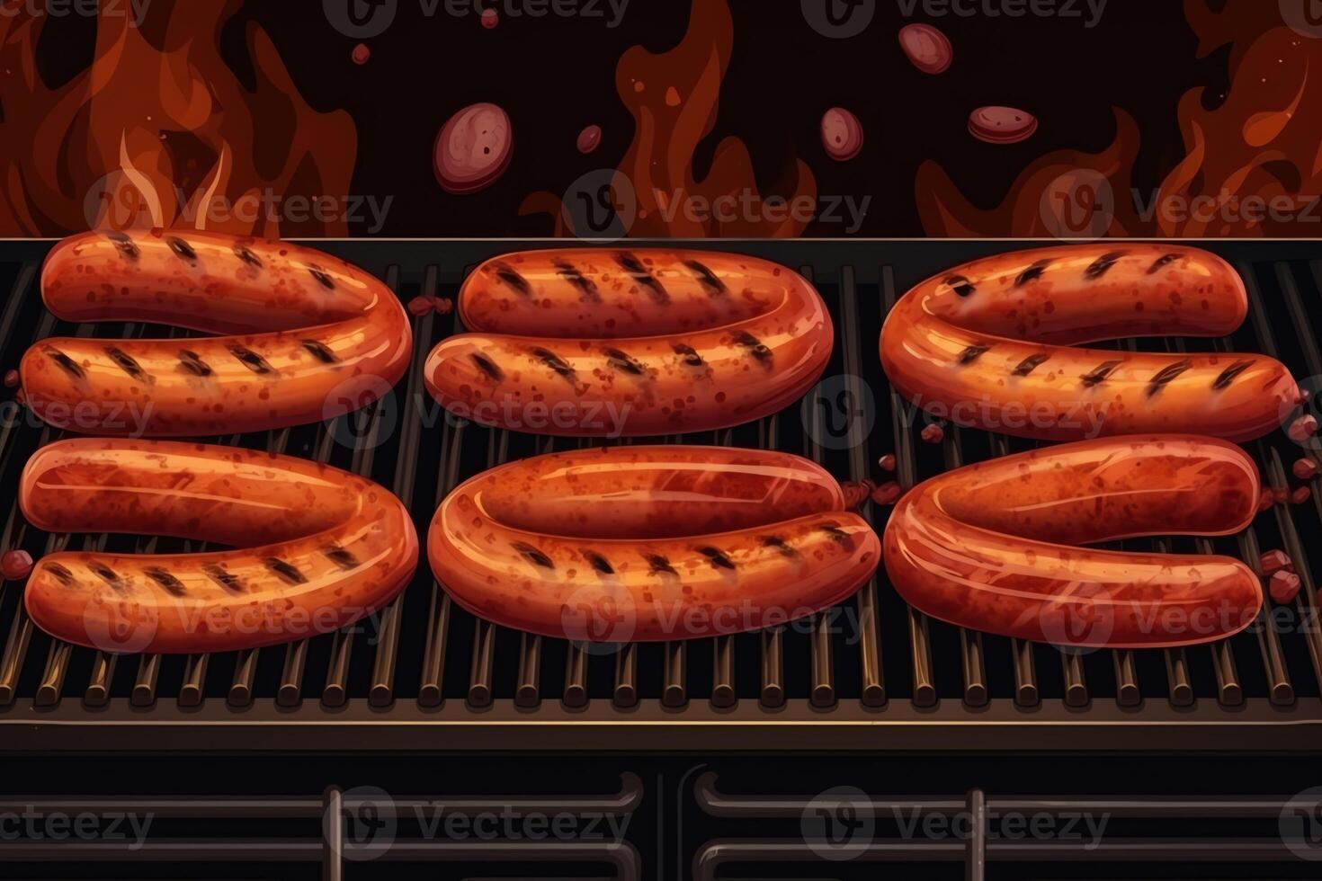 Sausages on a grill grilled sausage on the flame grill illustration. photo