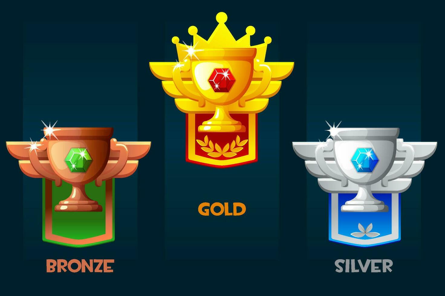 Award cup icons. Bronze, silver and golden reward with pennant. Premium award level up icon. vector