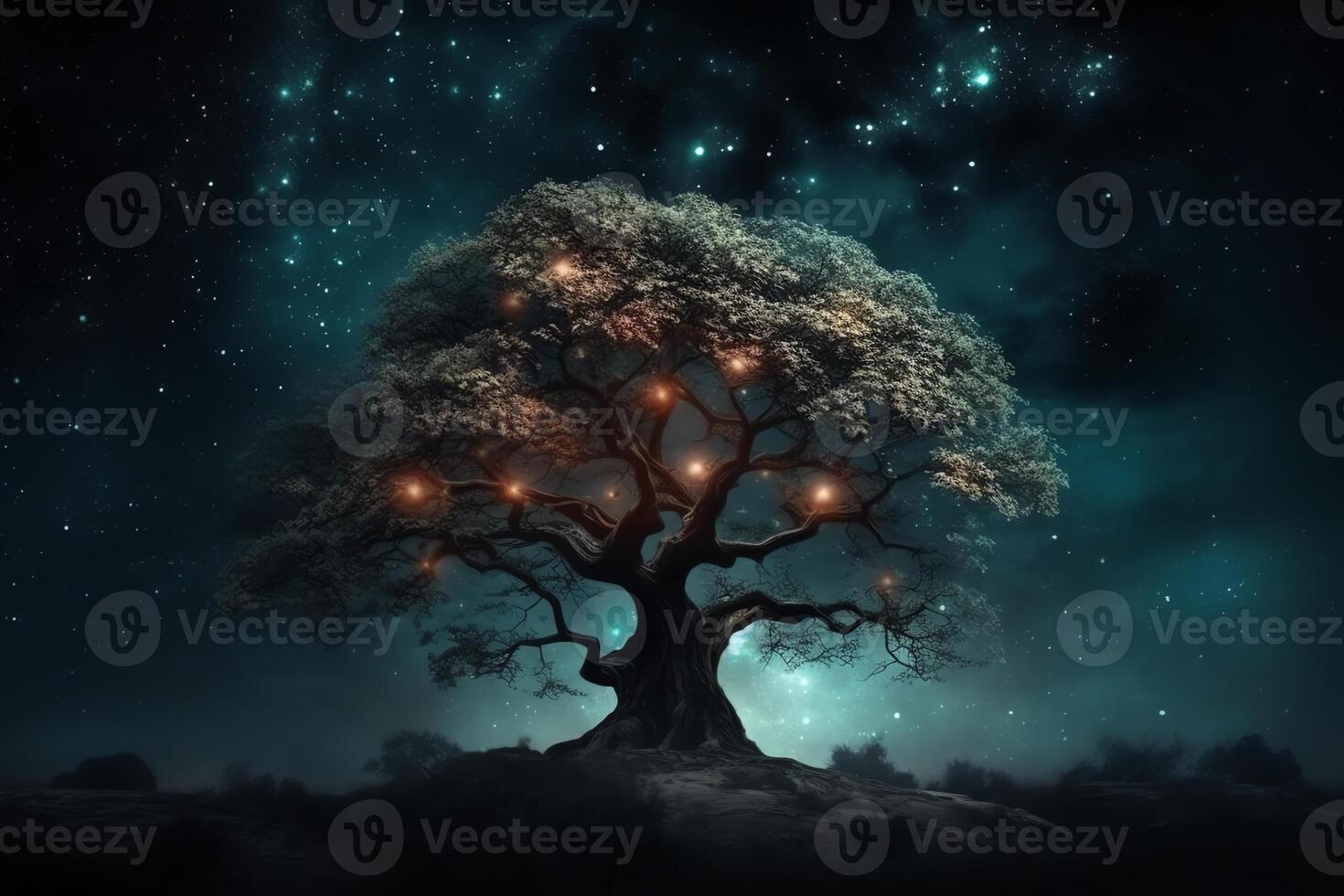 Fantasy tree in the night sky with stars and nebula. photo