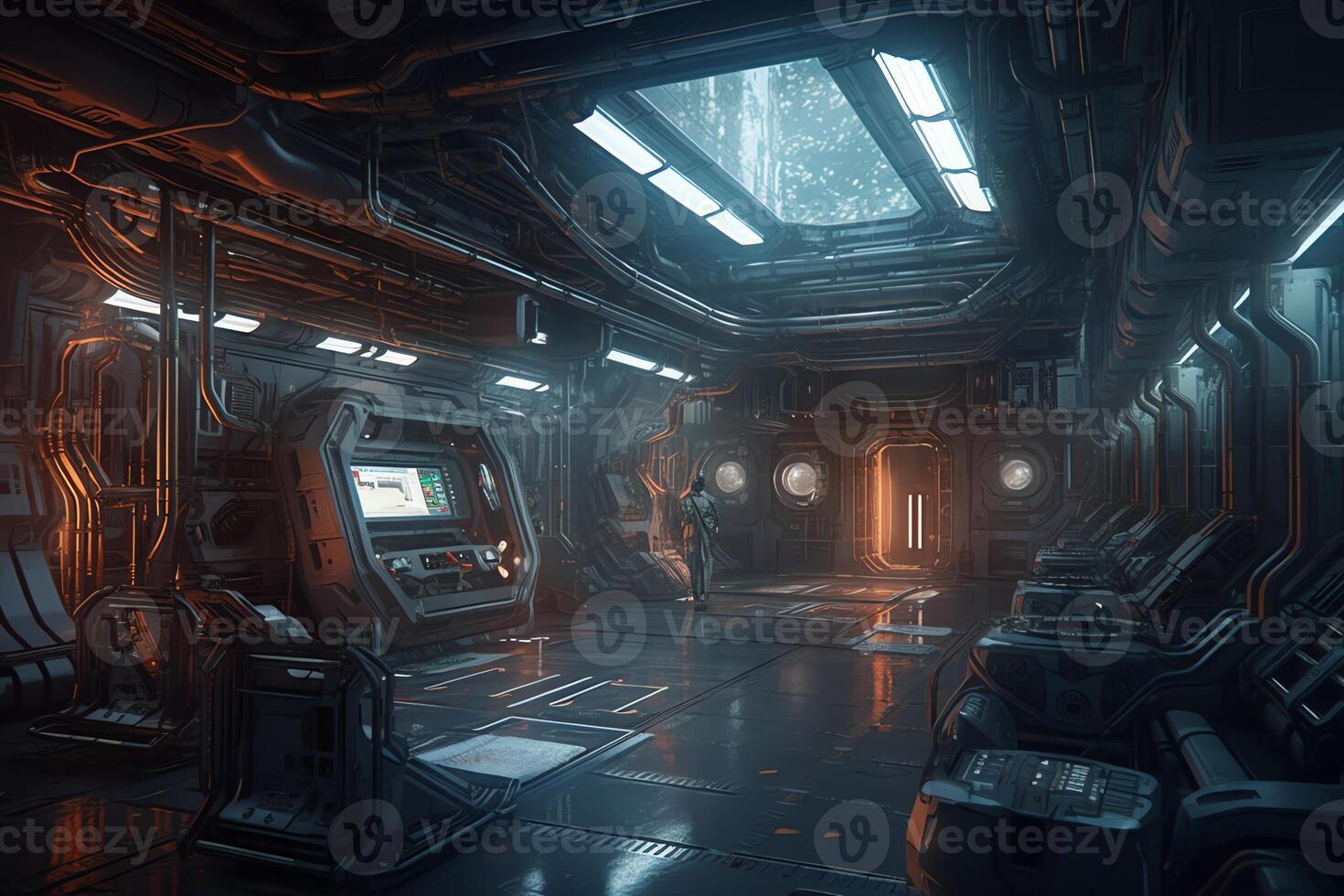 Concept art illustration of scifi futuristic interior of space station. photo