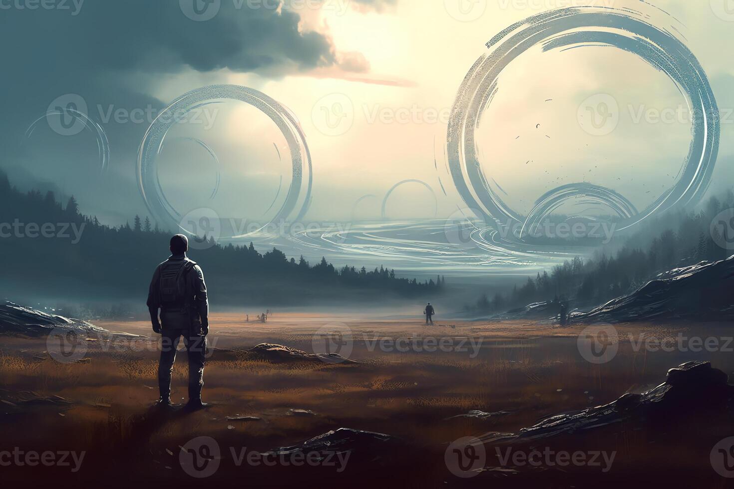 Scifi scene showing futuristic man standing in a field looking at the planet with giant rings digital art style illustration painting. photo