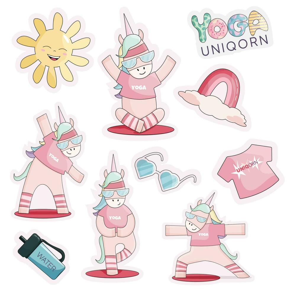 conjunto de diez elementos con el linda plano kawaii yoga unicornio vector