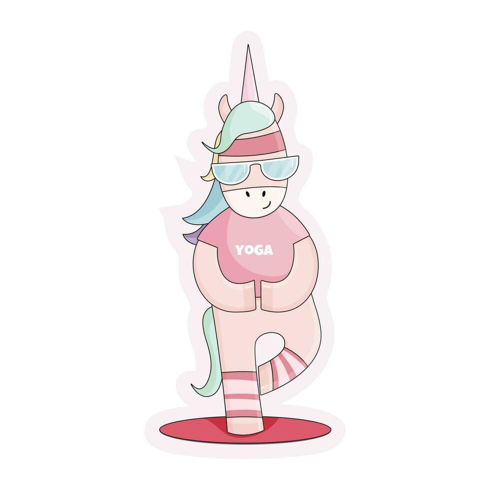 el plano aislado linda kawaii unicornio haciendo yoga actitud árbol vector