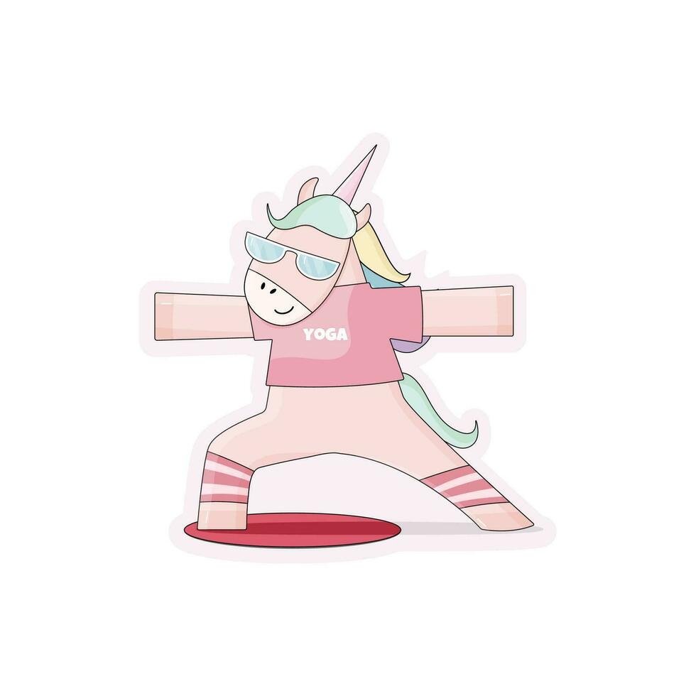 el plano aislado linda kawaii unicornio en rosado camiseta haciendo yoga actitud soldado vector