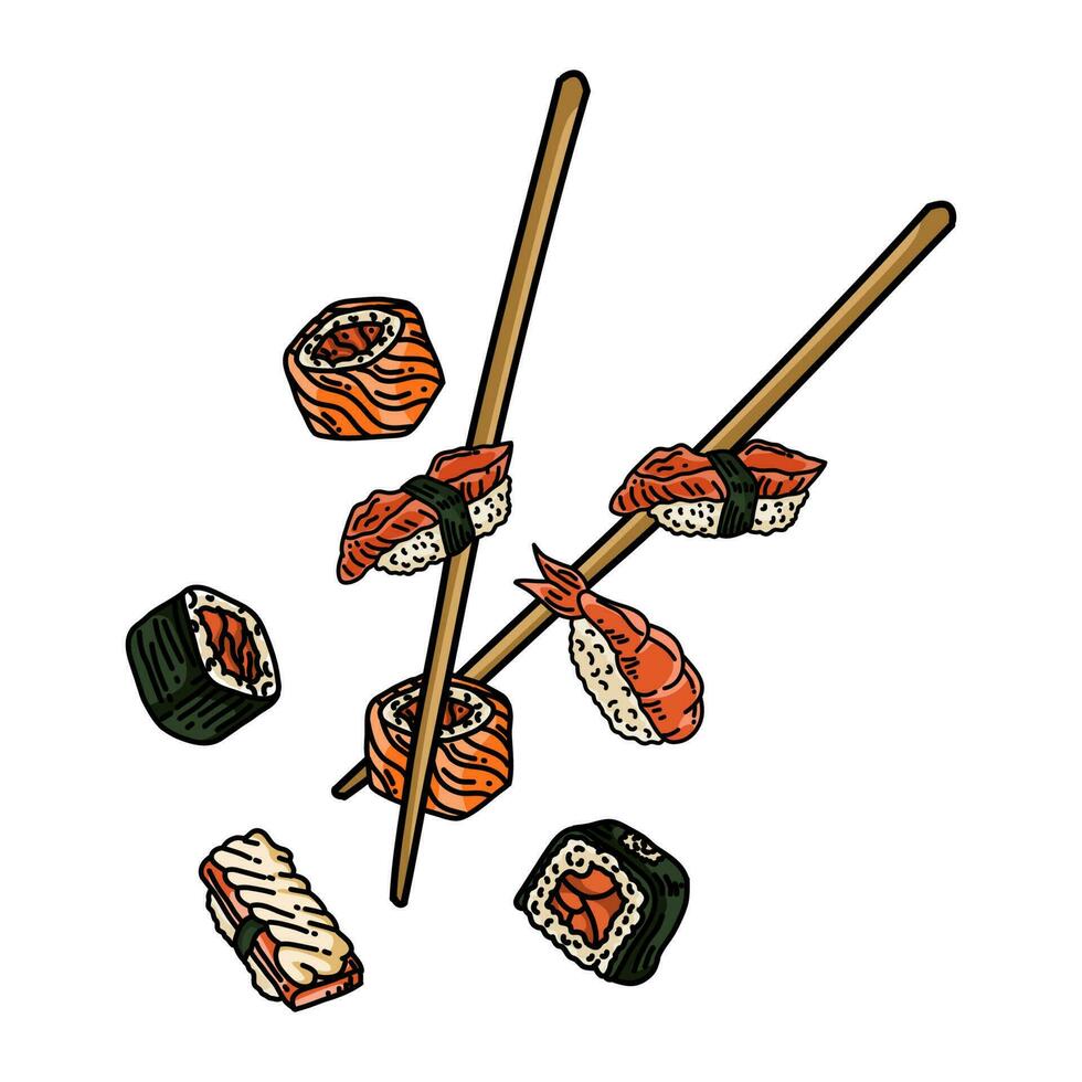 prima vector mano dibujar Sushi conjunto para japonés cocina restaurante