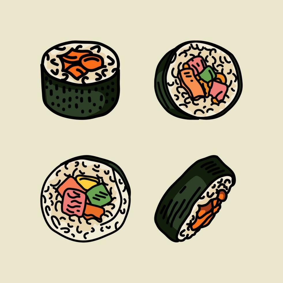 prima vector mano dibujar Sushi conjunto para japonés cocina restaurante