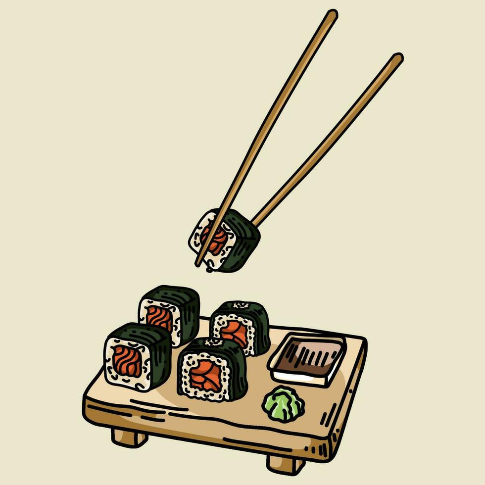 prima vector mano dibujar Sushi conjunto para japonés cocina restaurante