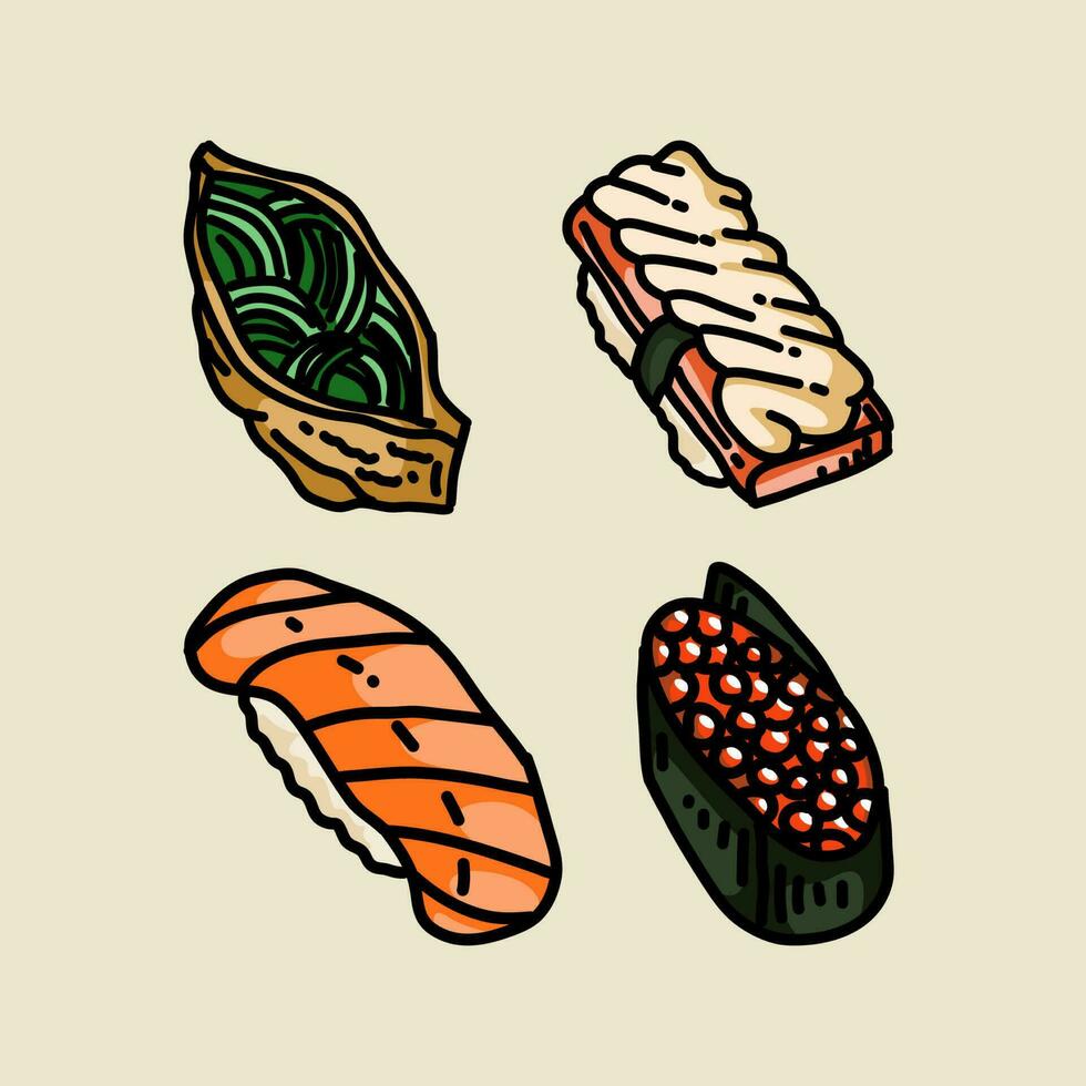 prima vector mano dibujar Sushi conjunto para japonés cocina restaurante