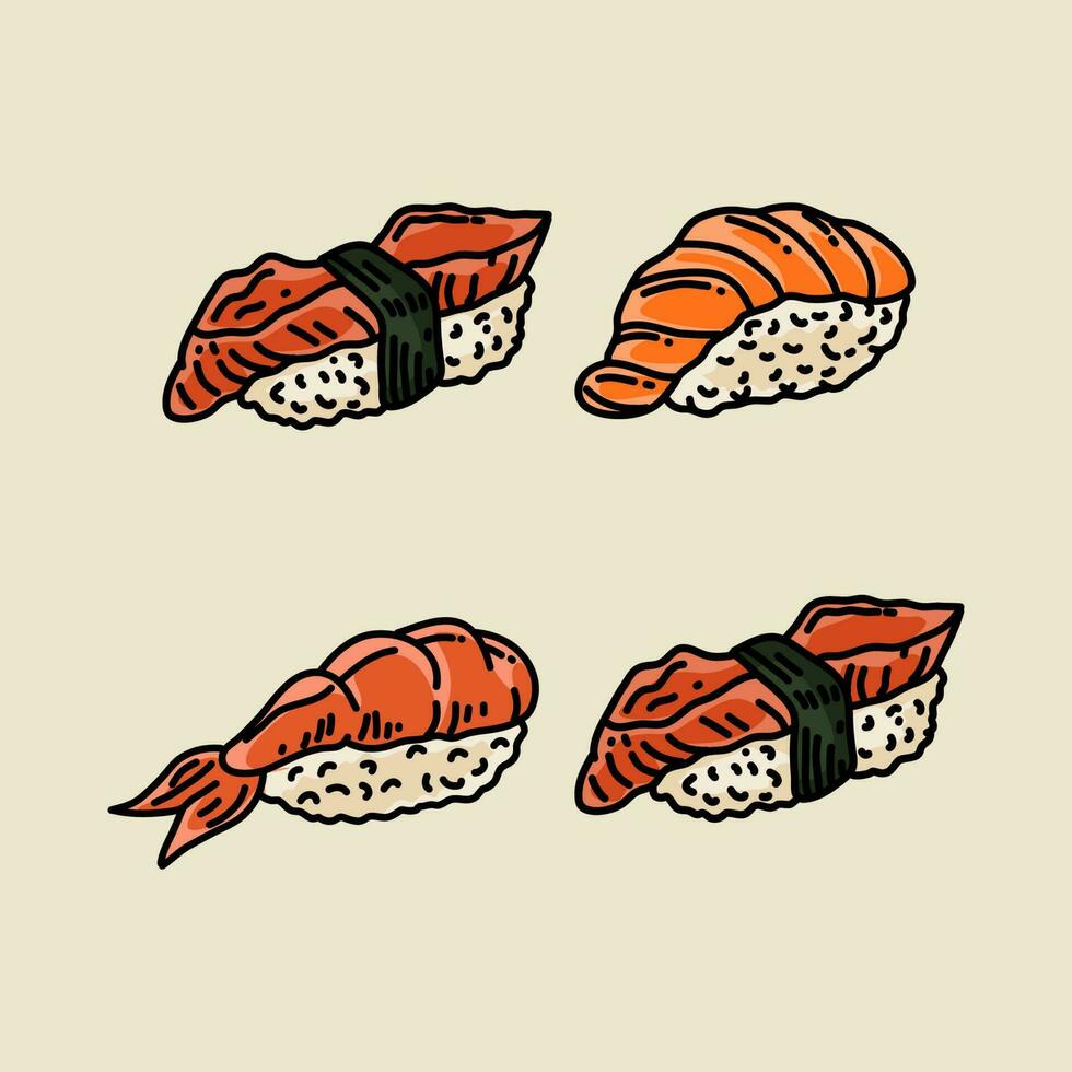 prima vector mano dibujar Sushi conjunto para japonés cocina restaurante