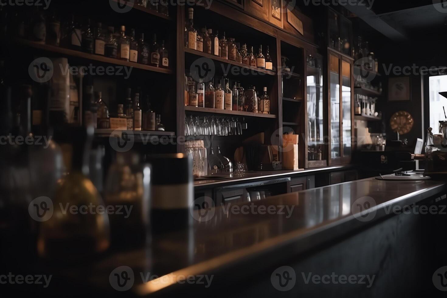 Bar counter blurred dark background background menu and special offers. photo