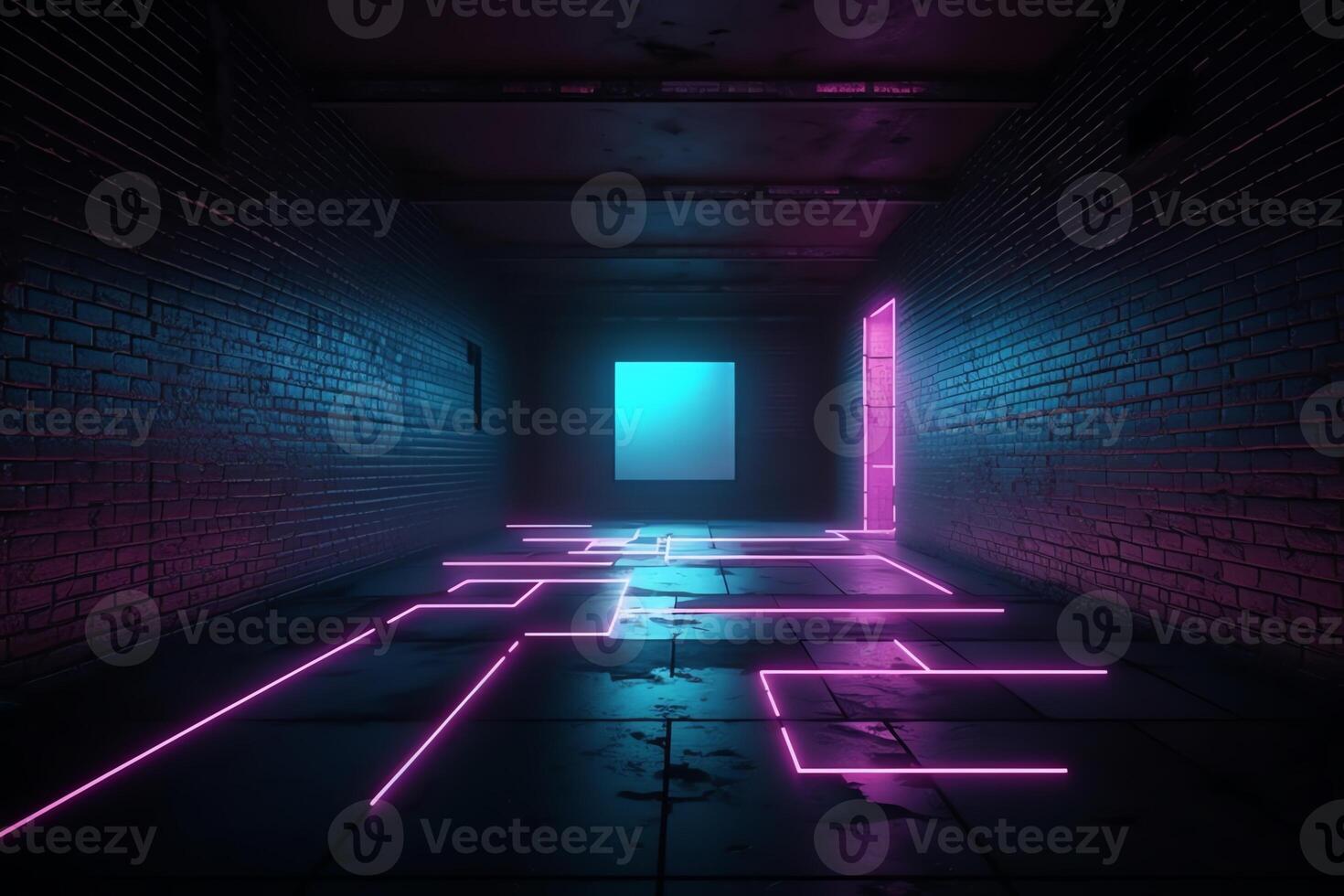 Dark sci fi modern futuristic empty grunge brick wall room purple blue pink glowing lights concrete floor neon vertical line light shapes empty space 3d rendering. photo