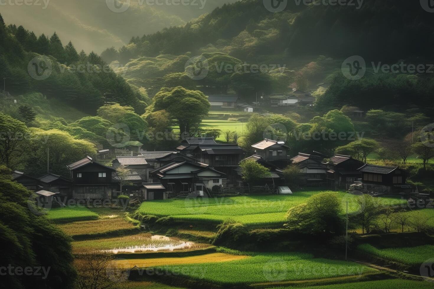 Serene countryside village surrounded by fields and nature. photo