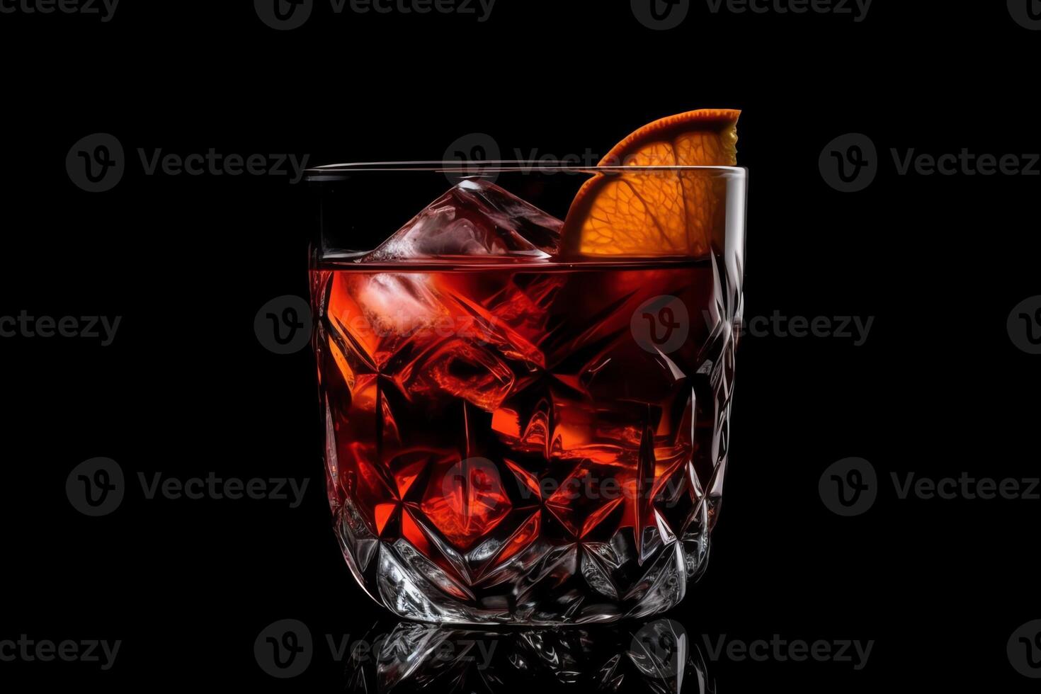 Glass of negroni cocktail on black background render. photo
