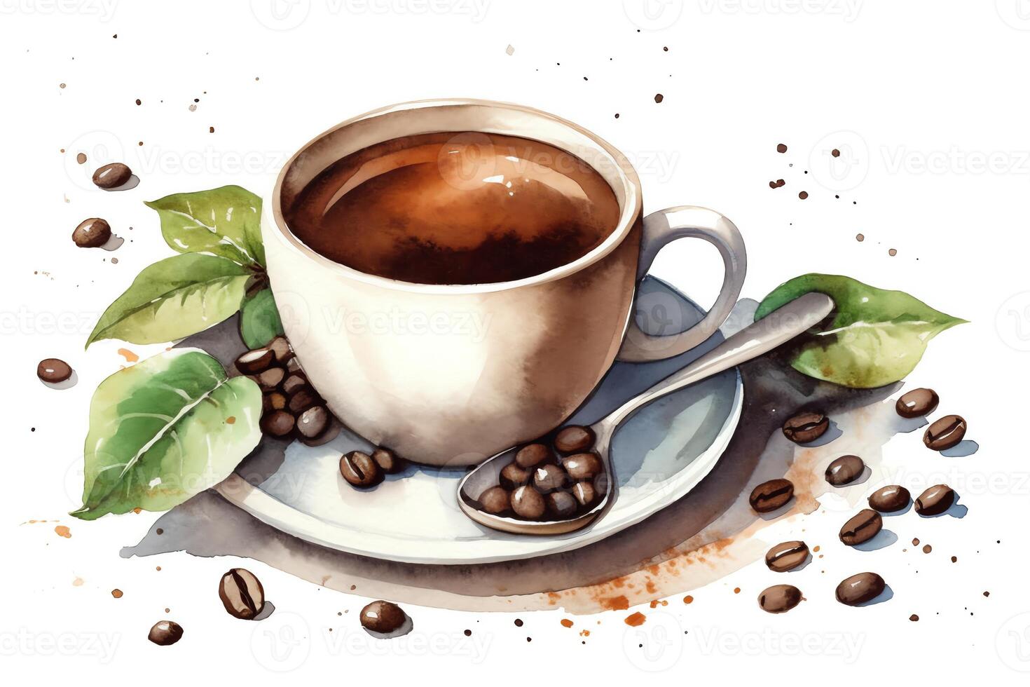Cup of morning coffee with coffee beans watercolor hand drawn illustration isolated on white background. photo