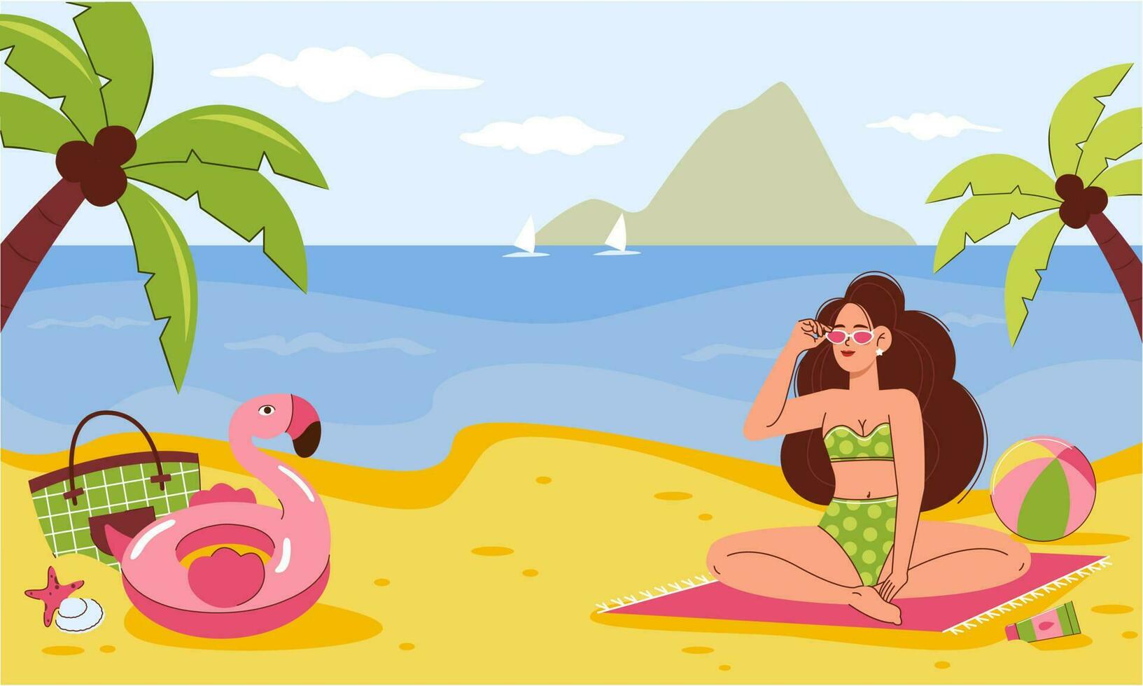 playa escena. un contento niña es sentado en el arena y mirando a el mar, allí son playa accesorios cercano. verano vacaciones a el mar. vector ilustración