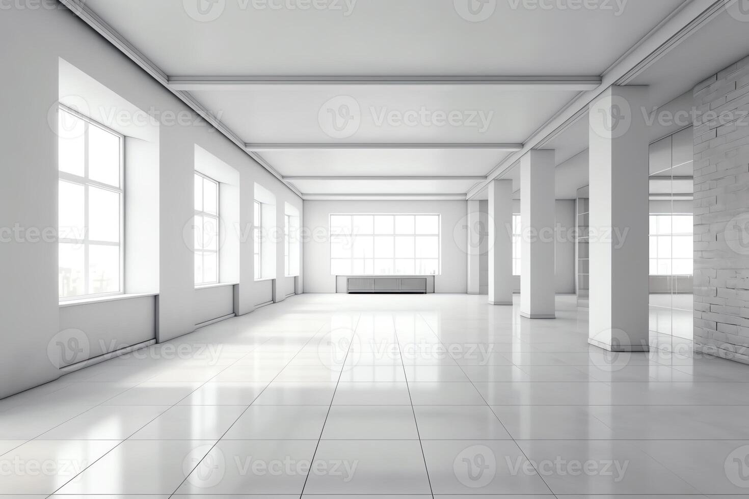 3D render and room decoration of large bright empty room without a ceiling. photo