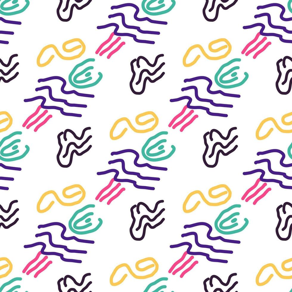 Seamless color pattern of linear doodle squiggles. vector