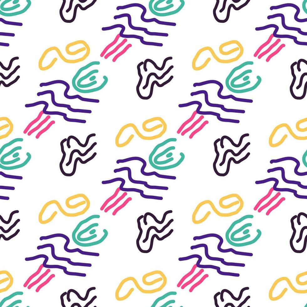 Seamless color pattern of linear doodle squiggles. vector