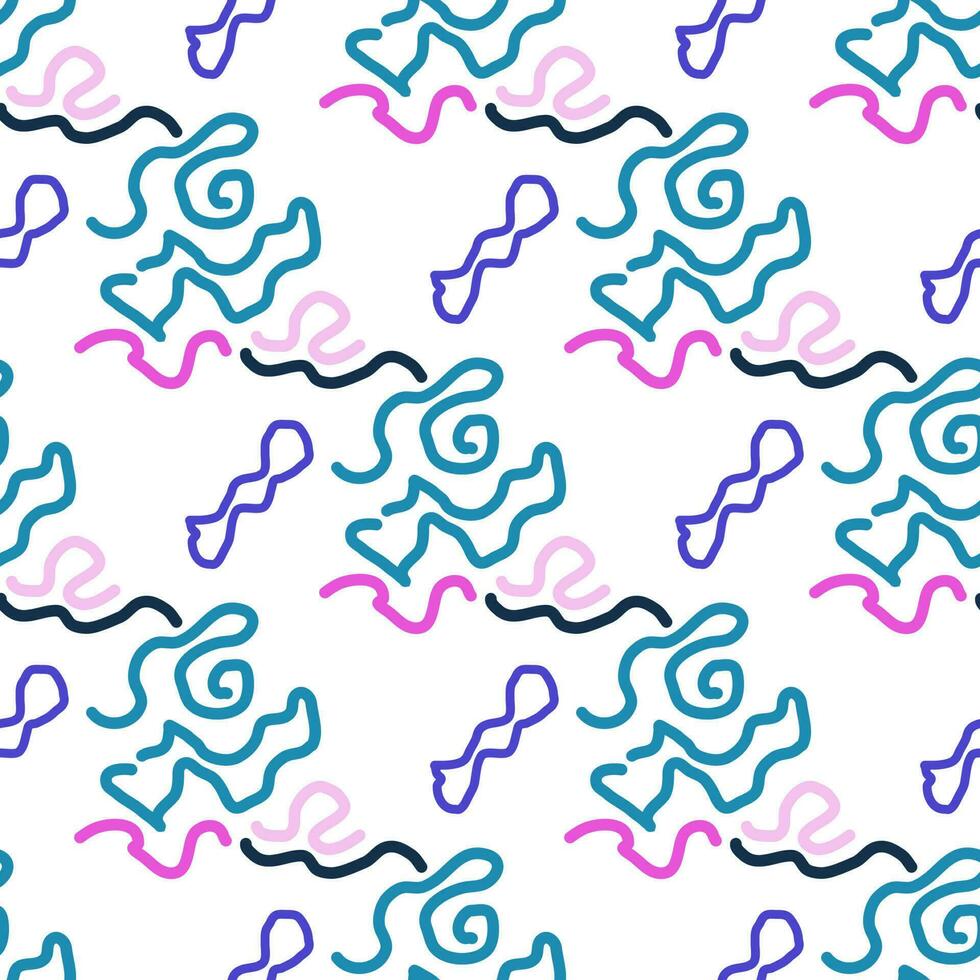 Seamless color pattern of linear doodle squiggles. vector