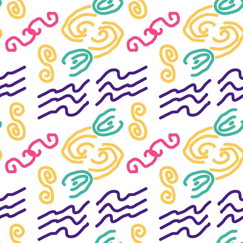 Seamless color pattern of linear doodle squiggles. vector