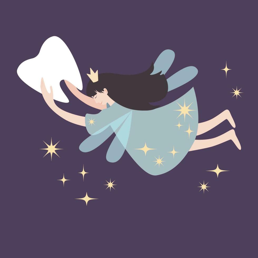 Tooth fairy vector flat illustration. Cute oral dental hygiene character. Kids health care concept.