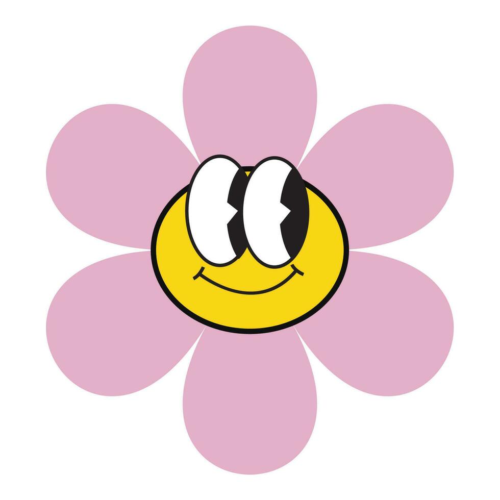 Retro pink flower with face cartoon illustration vector