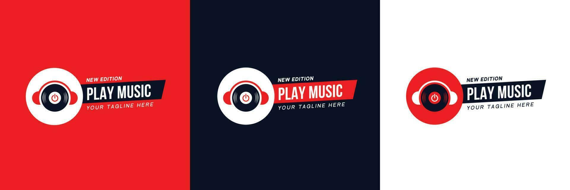 Collection of Music Logos with the Concept of Headphone Shapes and Play Buttons with Display of Variants of Color Combinations and Display Compositions. vector