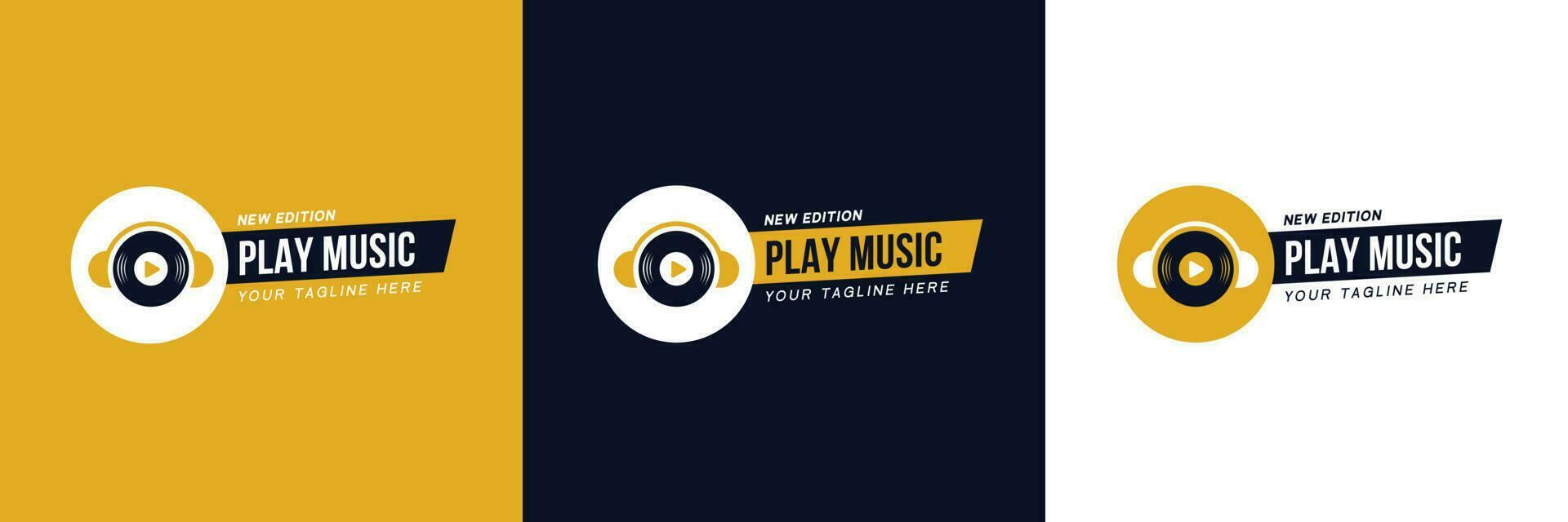 Collection of Music Logos with the Concept of Headphone Shapes and Play Buttons with Display of Variants of Color Combinations and Display Compositions. vector