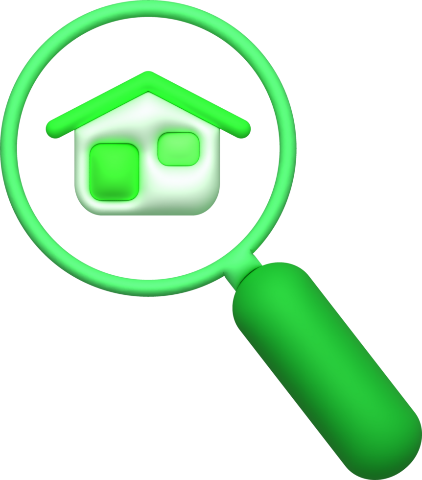 illustration 3D. Magnifying glass on house icon. housing search ideas png