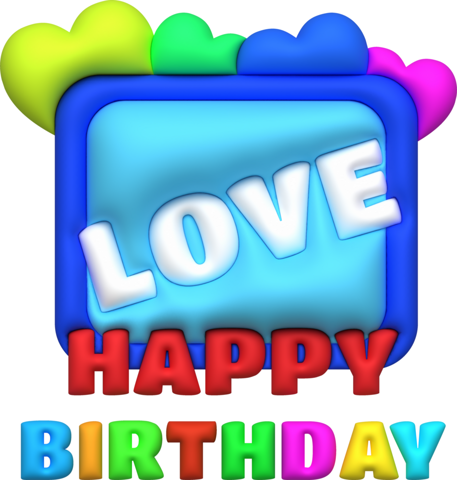 Illustration 3d, glücklich Geburtstag Wort Symbol, Liebe und Herz gestalten png