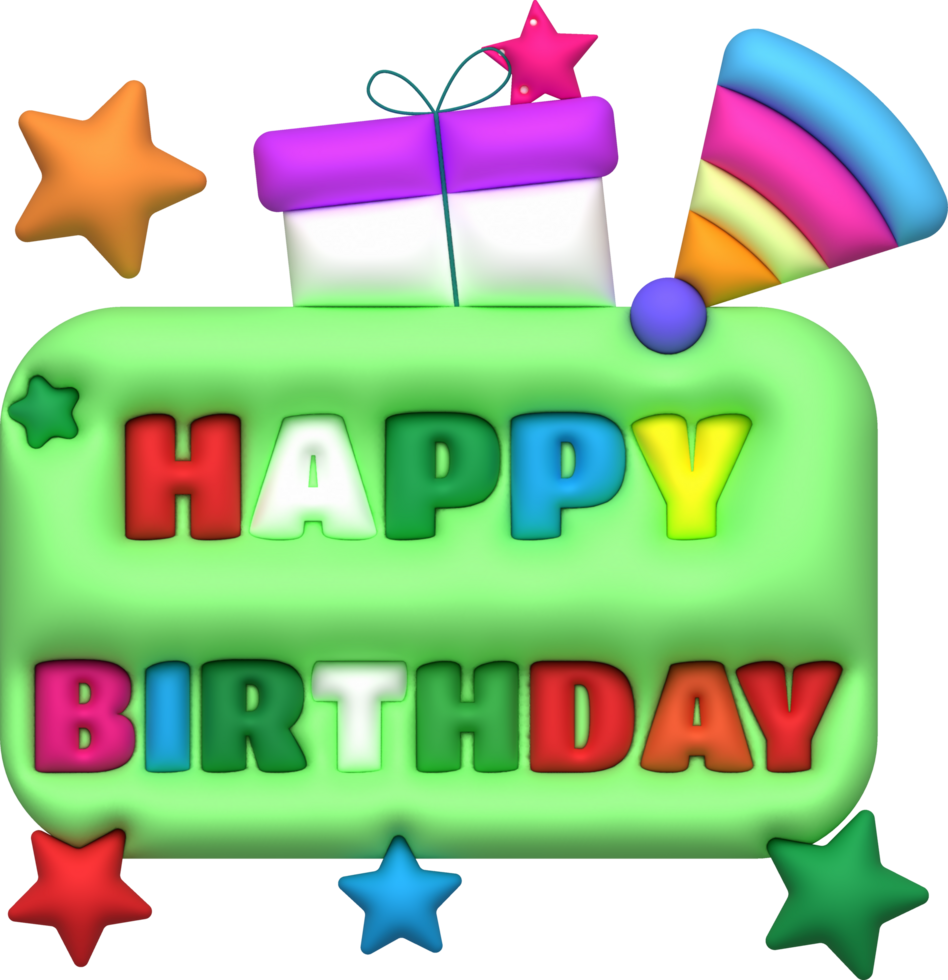 illustration 3d happy birthday word icon and gift box stars celebrating fireworks png
