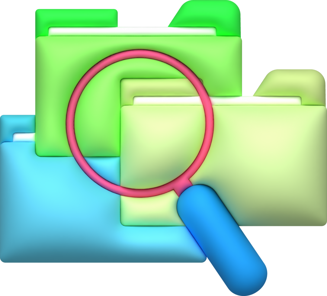 illustration 3D File search concept, folders and magnifying glass png