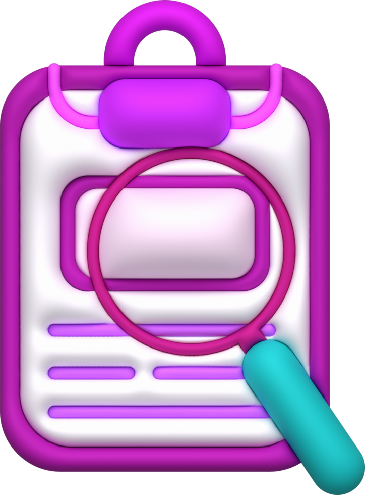 illustration 3D. Magnifying glass on the document. Work file information search concept png